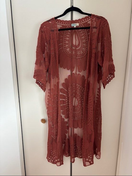 Rebellion Again Tops - Sheer Crochet Kimono Camisole Cover-Up in Rust